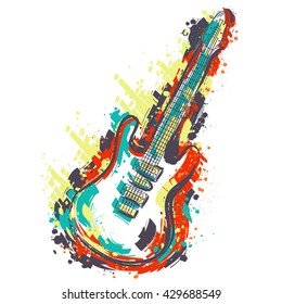 Electric guitar. Hand drawn grunge style art. Retro banner, card, t-shirt, bag, print, poster.Vintage colorful hand drawn vector illustration