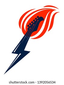 Electric guitar headstock on fire in a shape of lightning, hot rock music guitar in flames and bolt, Hard Rock or Rock and Roll concert or festival label, night club live show, vector logo.