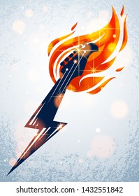 Electric guitar headstock on fire in a shape of lightning, hot rock music guitar in flames and bolt, Hard Rock or Rock and Roll concert or festival label, night club live show, vector logo.