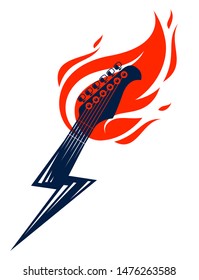 Electric guitar headstock on fire in a shape of lightning, hot rock music guitar in flames and bolt, Hard Rock or Rock and Roll concert or festival label, night club live show, vector logo.