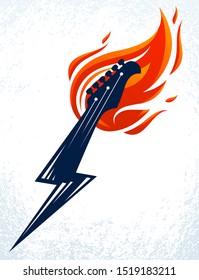 Electric guitar headstock on fire in a shape of lightning, hot rock music guitar in flames and bolt, Hard Rock or Rock and Roll concert or festival label, night club live show, vector logo.