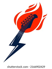 Electric guitar headstock on fire in a shape of lightning, hot rock music guitar in flames and bolt, Hard Rock or Rock and Roll concert or festival label, night club live show, vector logo.