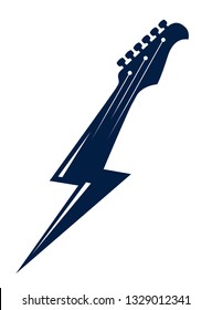 Cabezal de guitarra eléctrica en forma de relámpago, música de rock caliente, sello de conciertos o festival Hard Rock o Rock y Roll, actuación en vivo de discoteca, logo vectorial.