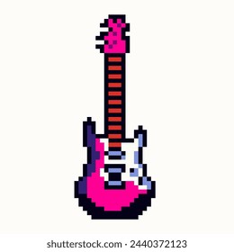 Electric guitar icon in pixel art style. Multicolored guitar icon in 8-bit style. Collection of groups of pixel graphic symbols. For game interface, mobile application element, network.