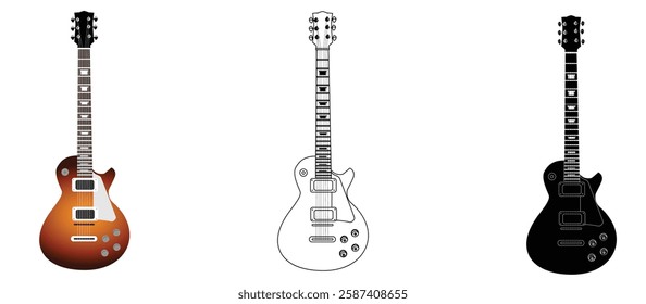 electric guitar icon with three types,colored model,outline type and silhouette type,musical instrument,vector illustration on white background.