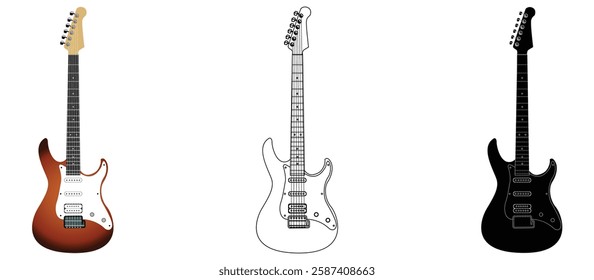 electric guitar icon with three types,colored model,outline type and silhouette type,musical instrument,vector illustration on white background.