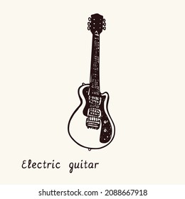 Electric guitar. Ink black and white doodle drawing in woodcut style with inscription.