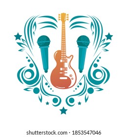 electric guitar instrument and microphones emblem vector illustration design
