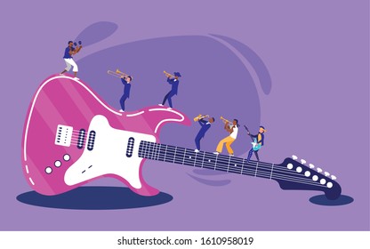 Electric guitar instrument and musicians design, Music festival sound melody song musical art and composition theme Vector illustration