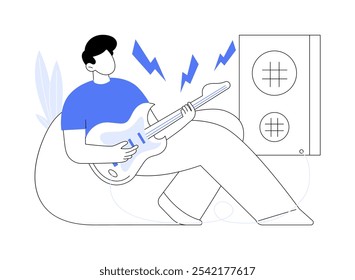 Guitarra elétrica isolada desenhos animados vetor ilustrações. Menino de Hipster tocando baixo, instrumento musical, produção de som, hobby criativo moderno, tempo de lazer, atividade de arte vetor desenhos animados.