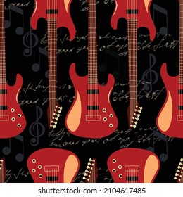 Electric guitar. Kit. Seamless pattern of stringed musical instruments on a black background. Trending vector image in the style of rock, jazz, pop for posters, textiles, packaging, congratulations an