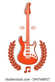 Electric guitar with laurel wreath vector emblem for festival or concert or player isolated on white, live music theme, logo for musical recording label, instruments shop.