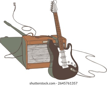 Electric guitar leaning and sound system vector illustration