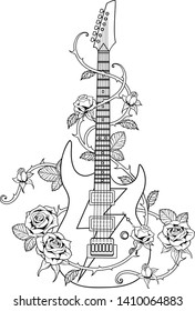 Electric guitar with lightning and roses. Vector outline isolated on white background. 