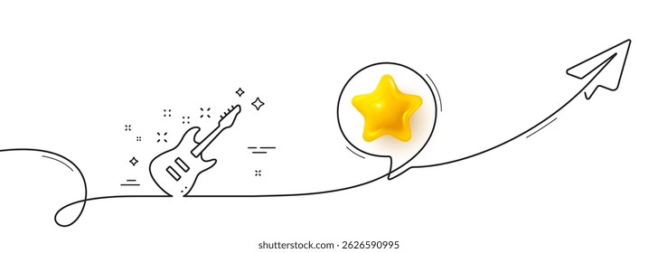 Electric guitar line icon. Continuous line with share plane. Music sign. Musical instrument symbol. 3d star in speech bubble. Electric Guitar single line ribbon. Loop curve pattern. Vector