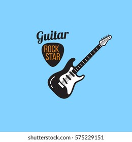 electric guitar logo, isolated on blue background