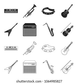 Electric guitar, loudspeaker, saxophone, violin.Music instruments set collection icons in black,outline style vector symbol stock illustration web.