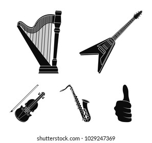 Electric guitar, loudspeaker,harp, saxophone, violin.Music instruments set collection icons in black style vector symbol stock illustration web.