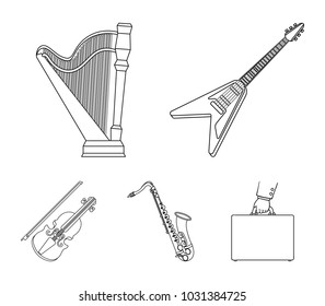 Electric guitar, loudspeaker,harp, saxophone, violin.Music instruments set collection icons in outline style vector symbol stock illustration web.