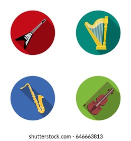 Electric guitar, loudspeaker,harp, saxophone, violin.Music instruments set collection icons in flat style vector symbol stock illustration web.