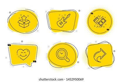 Electric guitar, Loyalty program and Share signs. Chat bubbles. Smile face, Time management and Payment line icons set. Love heart, Time analysis, Money. Musical instrument. Business set. Vector