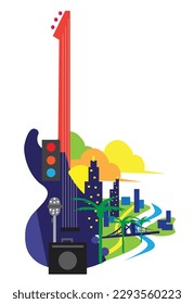 Electric Guitar and mic with abstract cityscape art. Editable Clip Art.