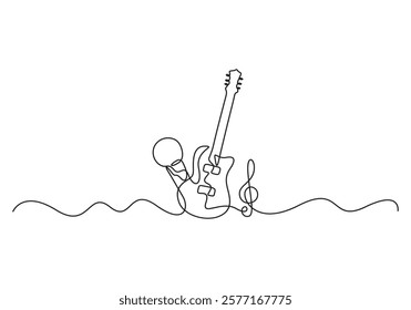 Electric guitar and microphone instruments continuous single line drawing vector illustration