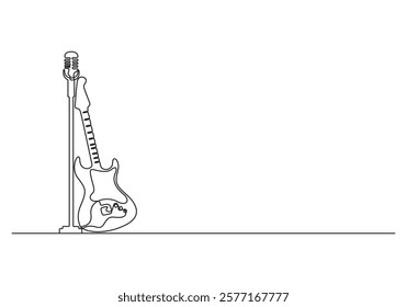 Electric guitar and microphone instruments continuous single line drawing vector illustration