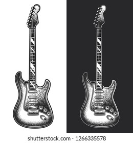 Electric guitar. Monochrome vector illustration on white and dark background. Design element.