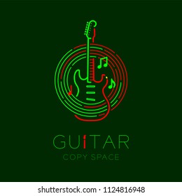 Electric guitar, music note with line staff circle shape logo icon outline stroke set dash line design illustration isolated on dark green background with guitar text and copy space