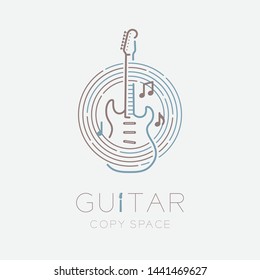 Electric guitar, music note with line staff circle shape logo icon outline stroke set dash line design illustration isolated on grey background with guitar text and copy space