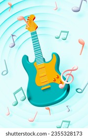 Guitarra eléctrica con notas musicales, canción, melodía o sintonizar 3d icono vectorial realista para aplicaciones musicales y sitios web ilustración vectorial de fondo