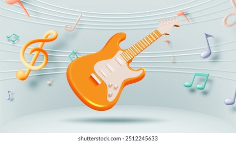 Guitarra elétrica com notas de música, música, melodia ou melodia 3d ícone vetor realista para aplicativos musicais e sites ilustração de vetor de fundo