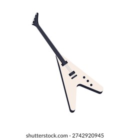Electric guitar, music string instrument. Electro flying V shape design for metal, rock sound. Electroguitar, audio equipment with fretboard neck. Flat vector illustration isolated on white background
