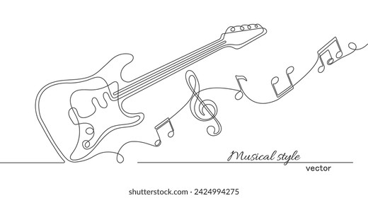 Electric guitar .Musical notes .Continuous line drawing.Vector illustration.