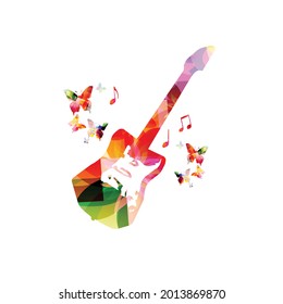 Electric guitar with musical notes isolated for live concert events, jazz music festivals and shows, party flyer. Musical promotional poster with musical instrument colorful vector illustration