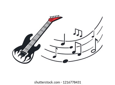 Electric guitar, musical string instrument in rock style vector. Music sheet with lines and notes, signs on notation, tablature and playing melody