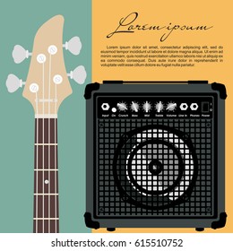 Electric guitar neck with strings and speaker on yellow and green background.