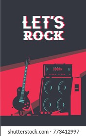 Electric Guitar Next to Tube Amplifier Flat Vector Illustration. Guitar Stack on Stage with Pedalboard. High Contrast Lighting.