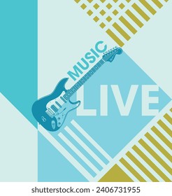 Electric guitar on the background of stripes and the inscription Live music. A great poster to decorate a music studio or a music lover's room.