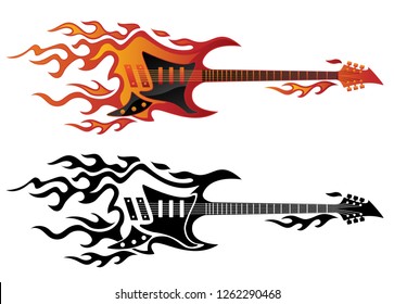 Electric guitar on fire in full color and black flames vector illustration