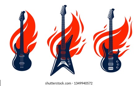 Electric guitar on fire, hot rock music guitar in flames, Hard Rock or Rock and Roll concert or festival labels, night club live show, vector logos or emblems set.