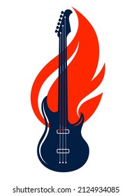 Guitarra eléctrica en llamas, guitarra de música rock caliente en llamas, discoteca en directo, logotipo vectorial o emblema de música en vivo, Rock duro y Roll.