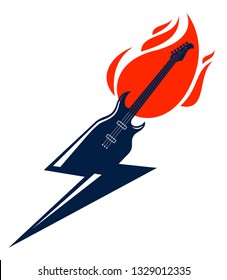 Electric guitar on fire in a shape of lightning, hot rock music guitar in flames and bolt, Hard Rock or Rock and Roll concert or festival label, night club live show, vector logo or emblem.