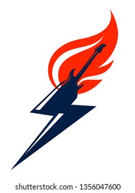 Electric guitar on fire in a shape of lightning, hot rock music guitar in flames and bolt, Hard Rock or Rock and Roll concert or festival label, night club live show, vector logo or emblem.