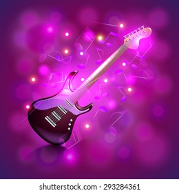 Electric guitar on glowing background with notes photo realistic vector