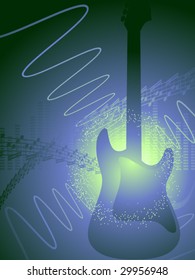 Electric guitar on a vector background of musical symbols