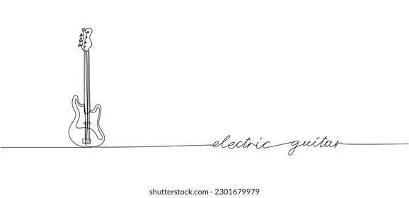 Electric guitar one line art. Continuous line drawing of musical, equipment, song, guitar, electric, melody, rock, volume, chord, bass, acoustic with an inscription, lettering, handwritten.