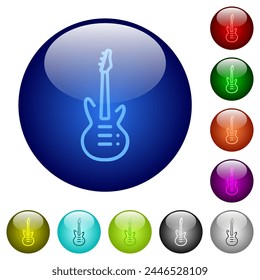 Electric guitar outline icons on round glass buttons in multiple colors. Arranged layer structure