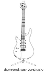 Electric guitar outline vector illustration. String plucked musical instrument. Blues or rock equipment. Isolated on white background